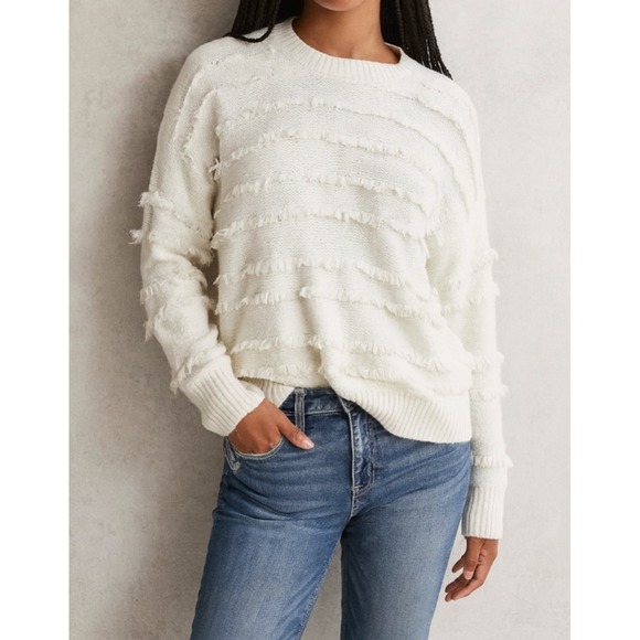 ATW Womens sz S/M White Slip Stitch Fringe Cotton Ribbed Pullover Sweater Cozy - Picture 1 of 7